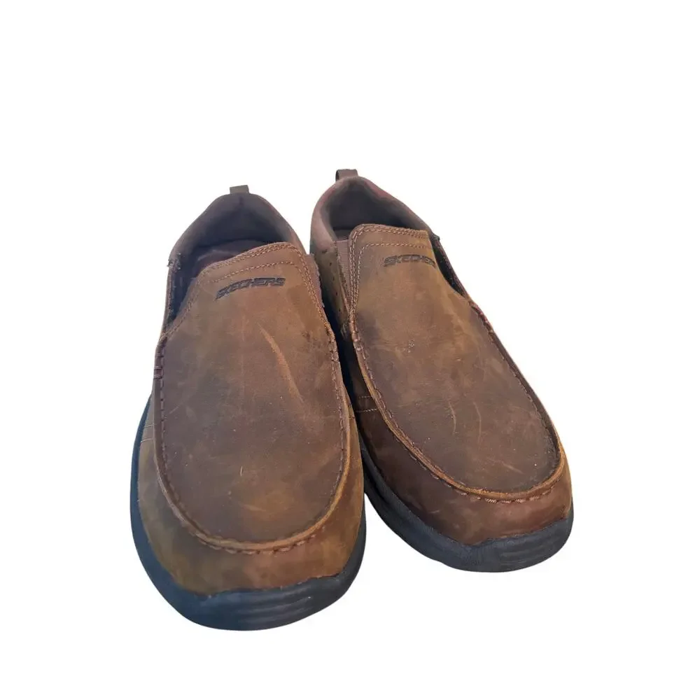 Skechers Mens Relaxed Fit Seveno Shoes Brown Leather Slip On NEW Size 10 z1